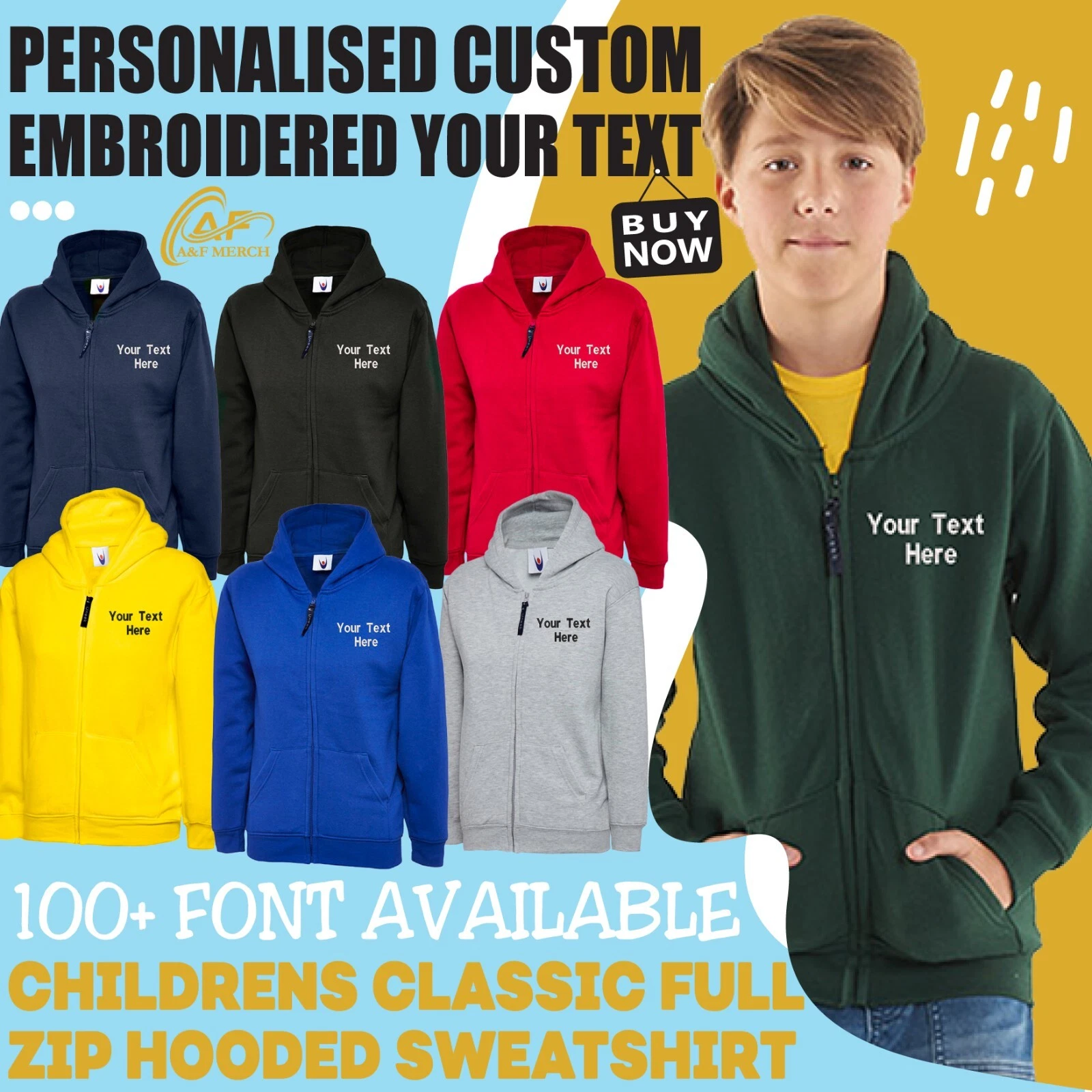 Personalised Custom Embroidered Uneek Children's Classic Full Zip Hooded kids