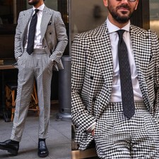 Men Suits Houndstooth Slim Fit Double Breasted Jacket Vest Pants Peak Lapel Coat