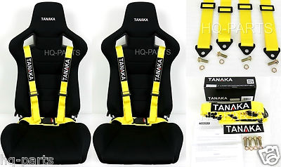2 X TANAKA UNIVERSAL YELLOW 4 POINT BUCKLE RACING SEAT BELT HARNESS