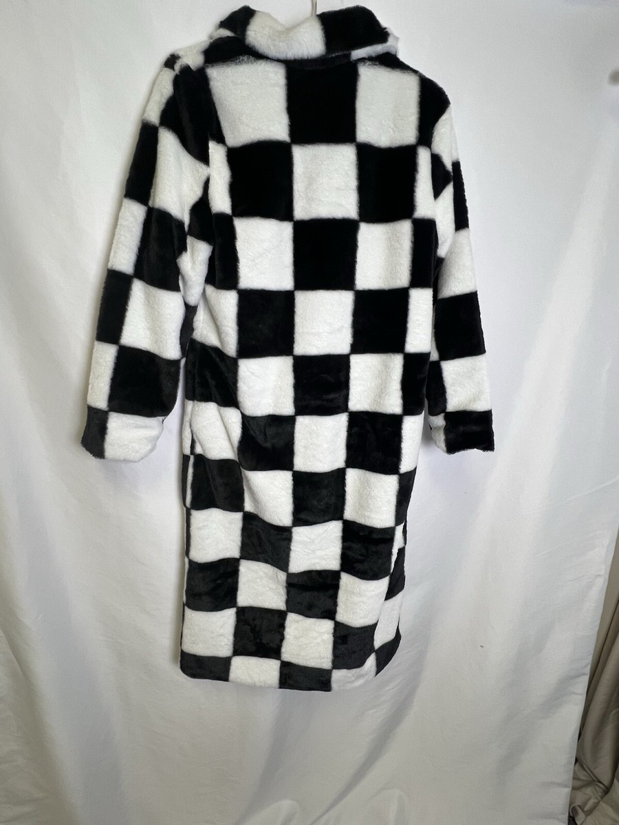 eaphi 新品CHECKERED BOA COAT Zapaka Men Faux Fur Coat White Black Leopard Print Mid