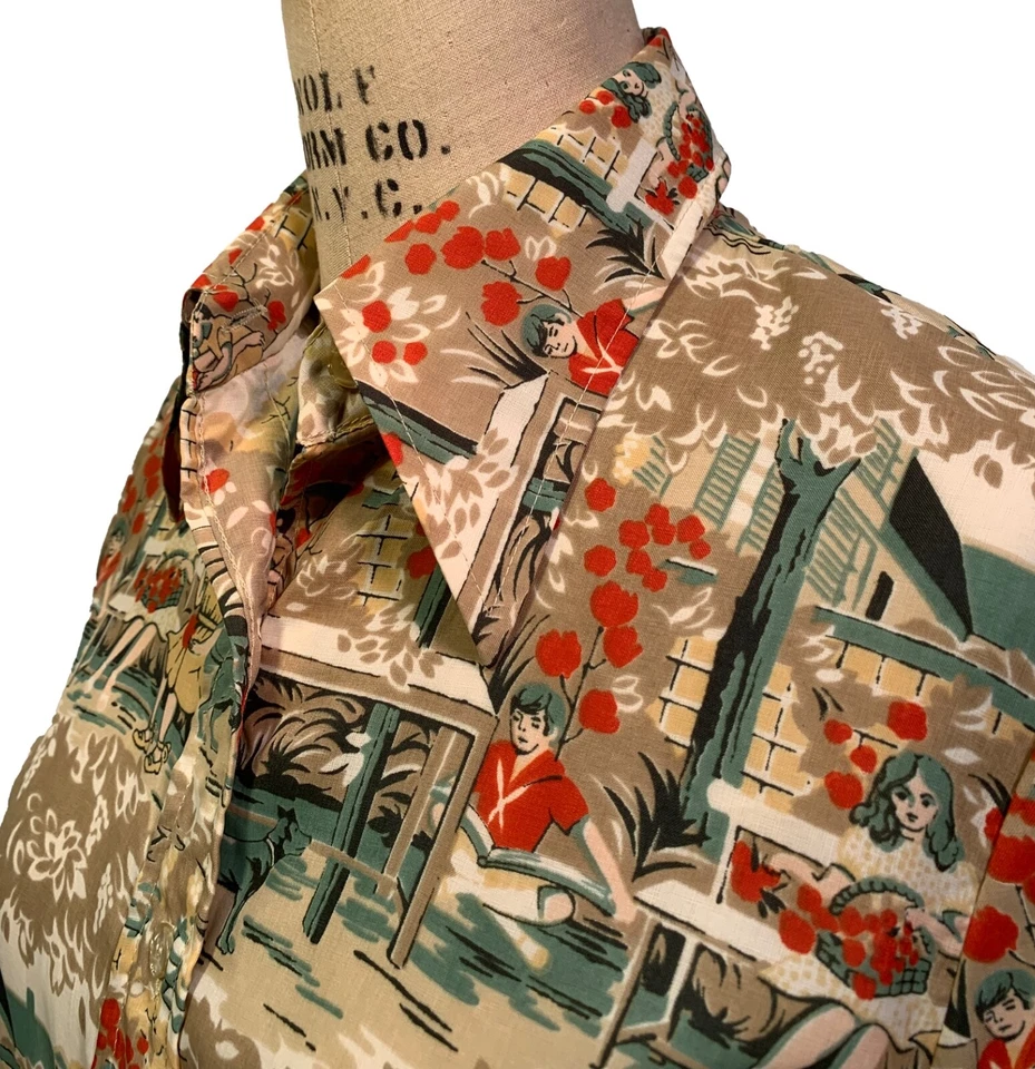 Blusa LS vintage años 70 para mujer con estampado de escena bucólica - poliéster mod chic - talla S Foto 2 de 4