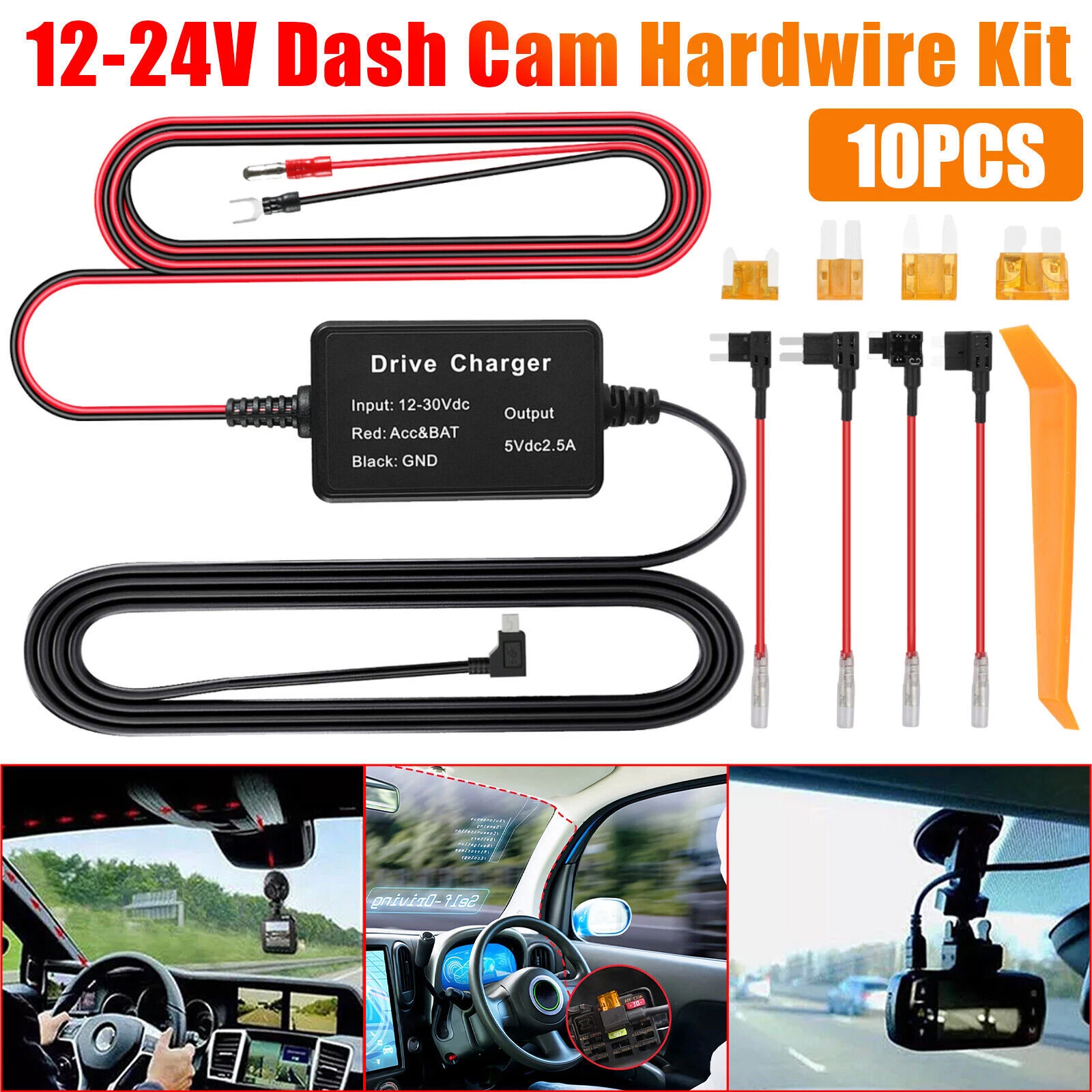 Universal Dash Cam Hardwire Kit Type C Hard Wire Cable Fuse 12-24V for Car DVR