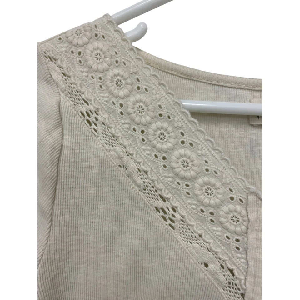Lucky Brand Топ рубашка женщин M кружева отделки Henley длинным рукавом кремовый пуловер - Изображение 4 из 4