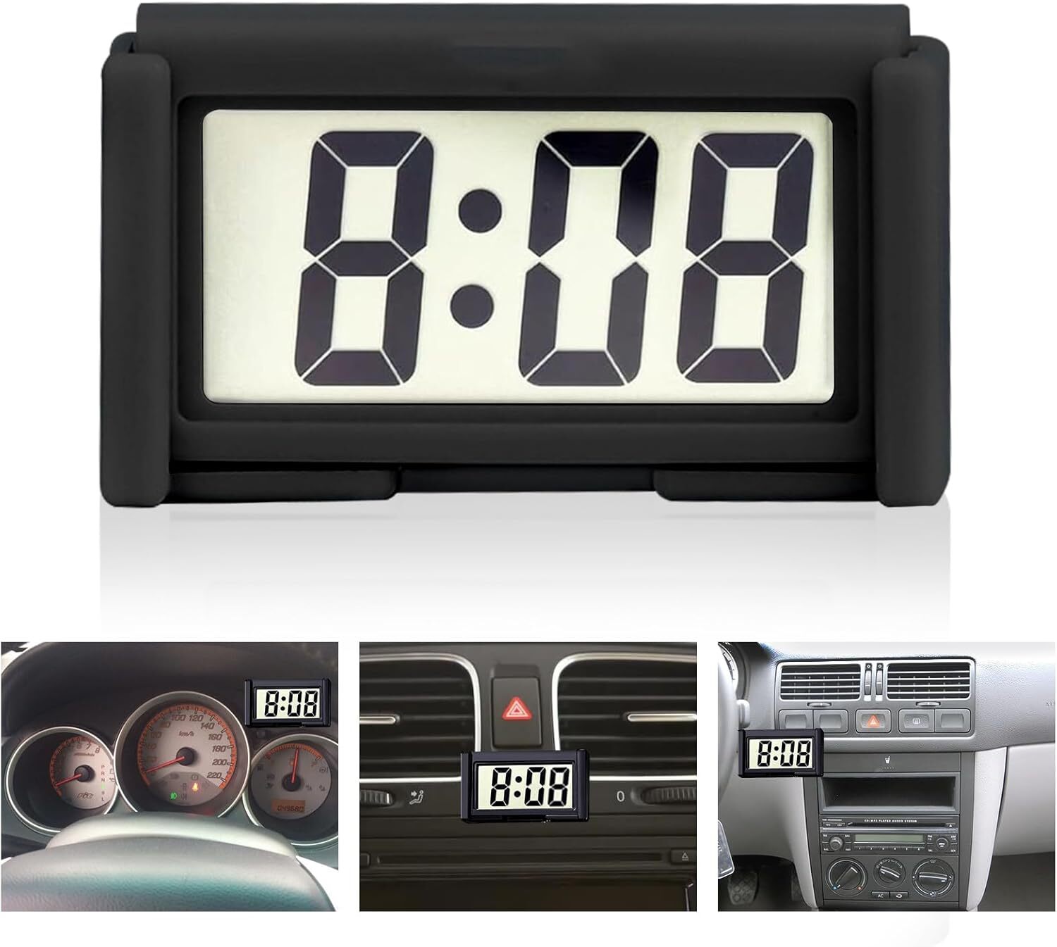 Digital Dashboard Clock with Jumbo LCD Display for Cars and Trucks (Black)