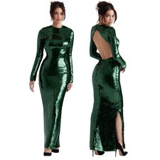 House of CB Dress Womens Small Pine Green Belle Sequin Open Back Maxi Party NEW