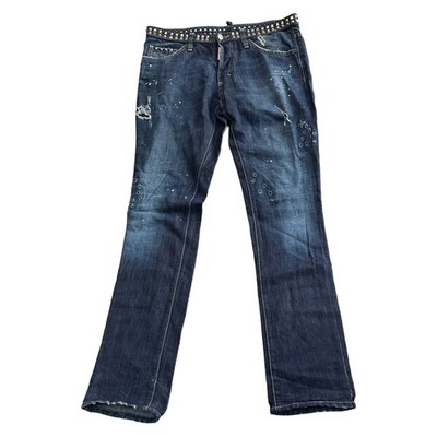 Dsquared Denim Jeans Leather Studded Straight Regular Blue Womens W34 L34