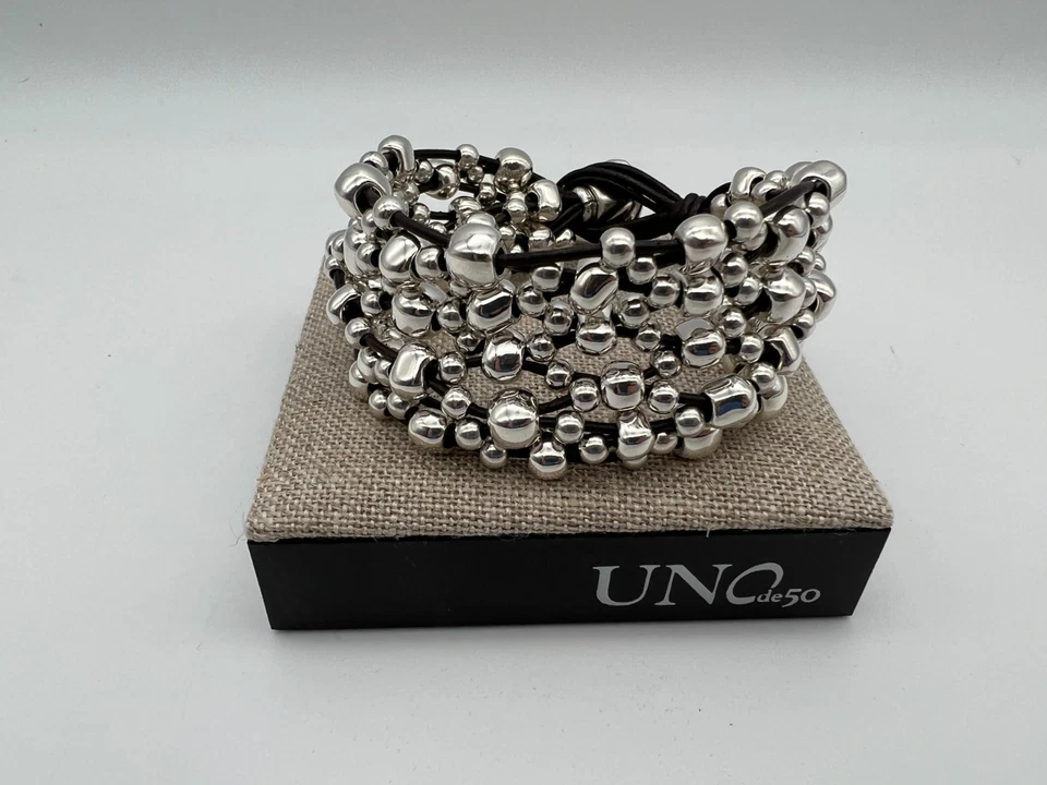 NOVO Uno de 50 CRAZY GOAT Pulseira de Couro Banhada a Prata Tamanho Grande - Imagem 2 de 4