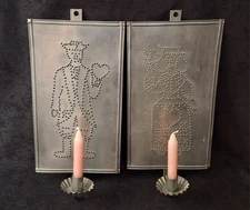 Punched Tin Large Pennsylvania Quakers Man Woman Wall Candle Holders 15.5" 