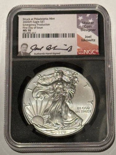 2020 (P) SILVER EAGLE PHIL MINT EMERGENCY PRODUCTION FDOI NGC MS70 JOEL ISKOWITZ