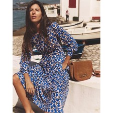 Boden Alexandra Jersey Midi Dress Blue Floral Long Sleeve US 8P C1388
