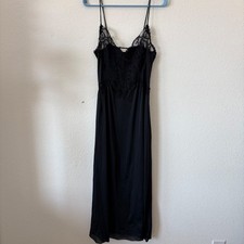 Vintage Adonna Black Lace Nylon Full Slip Nightgown Womens Medium USA 90s FLAW