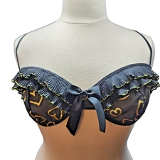 DreamGirl Bra XL Black Sheer Lingerie Metallic Gold Hearts Ruffle Trim Bow Sexy