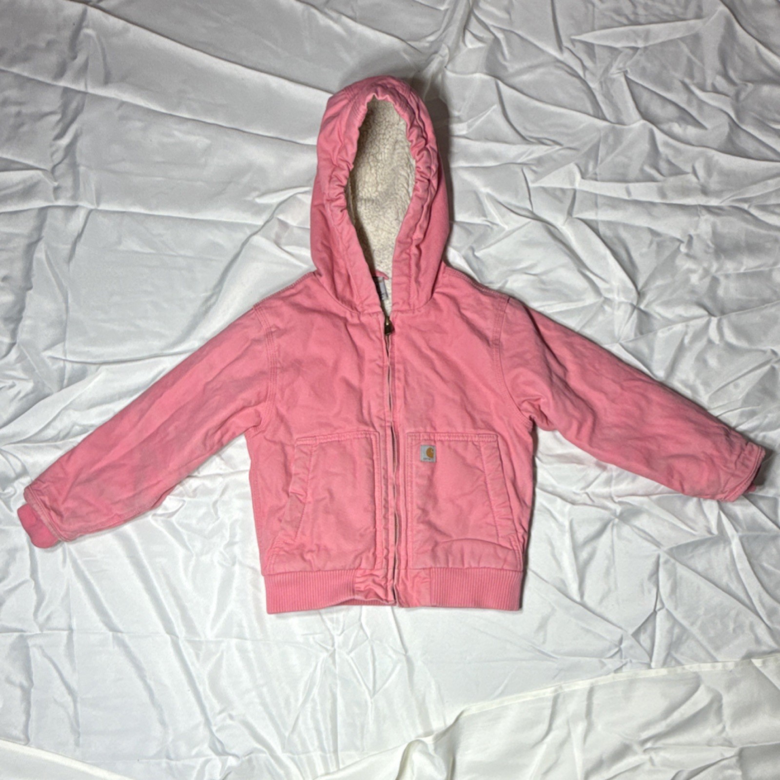 Carhartt Girls Pink Hooded Sherpa Lined Canvas Jacket XS (6) Full Zip