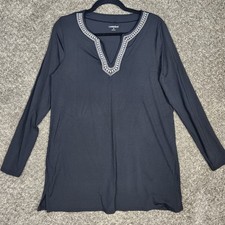 Lands End Swim Shirt Cover Up Dress Womens Sz M Black Embroidered Neck Stretch