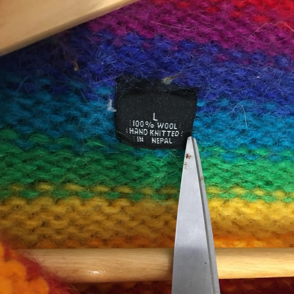 Rainbow Wool Sweater Rare Hand Knit Nepal Unisex Sz L Roll Neck Chunky - Image 2 of 4
