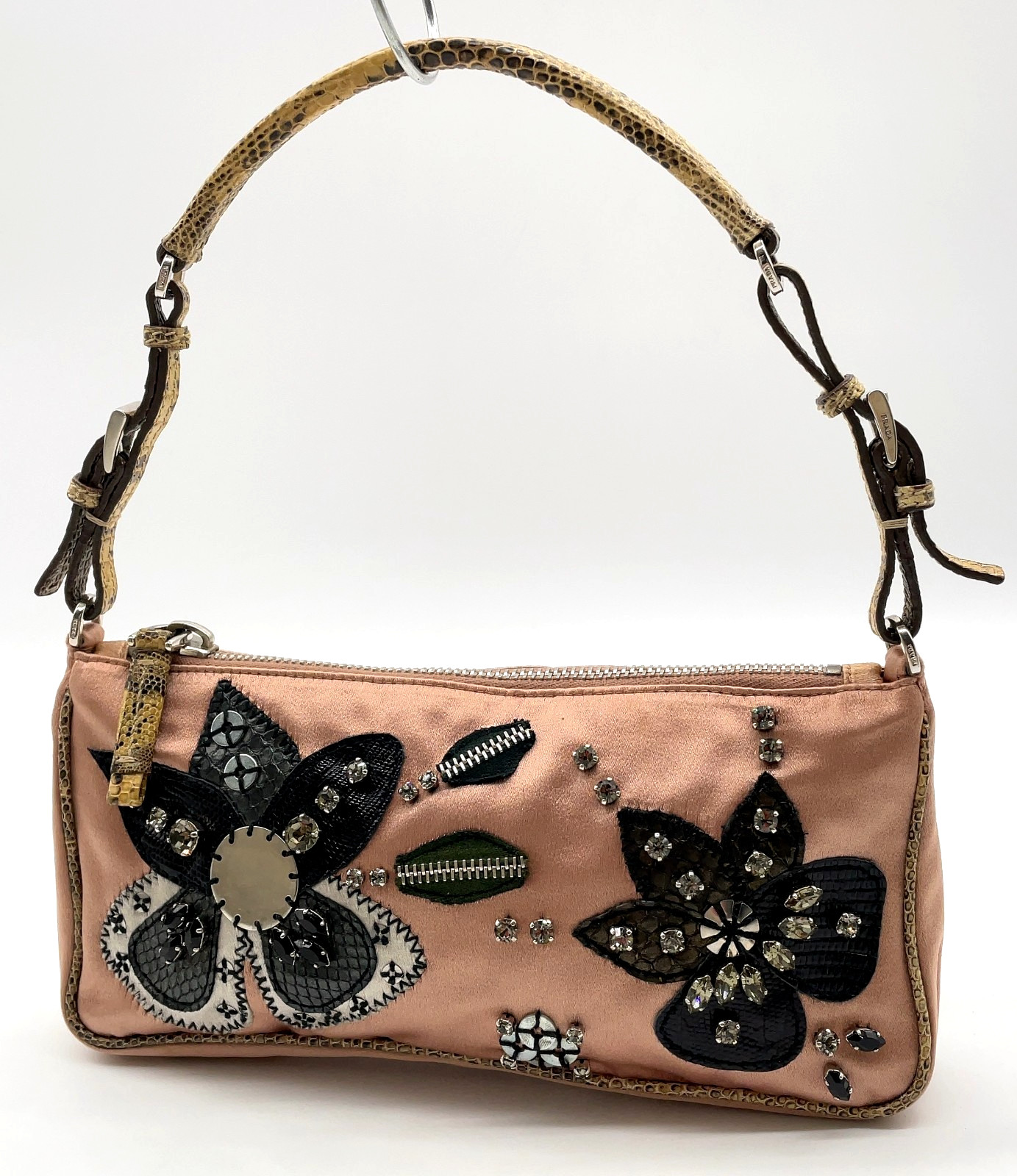 Auth Prada Flora Patch Satin Python Print Pink Mi… - image 3