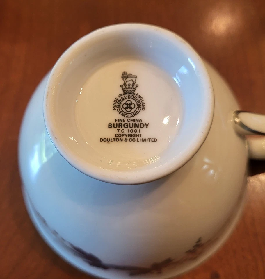 Juego de 4 tazas de té Royal Doulton Borgoña TC1001 SOLO gris azul verde borde plateado Foto 3 de 4