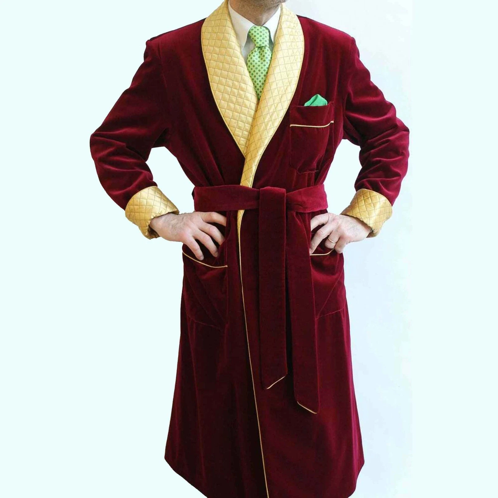Men's Maroon Velvet Smoking Jacket Yellow Quilted Robe Long Gown Dinner Coat - product detail image 2