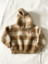 NUEVO SIN ETIQUETAS OII SUECO Teddy Hoodie Lasse Tapenade Check marrón beige 94-104 cm 3-4t 4y