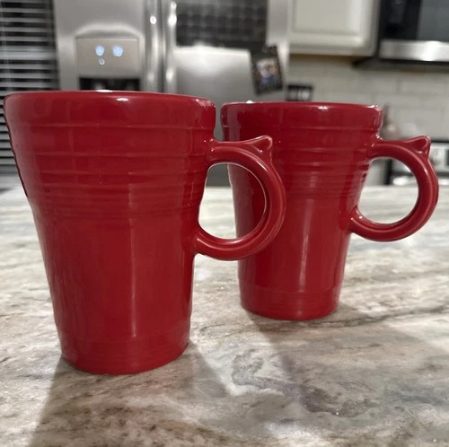 Pair Of Fiestaware Scarlet Red Large Latte Mugs "Thumb Handle"