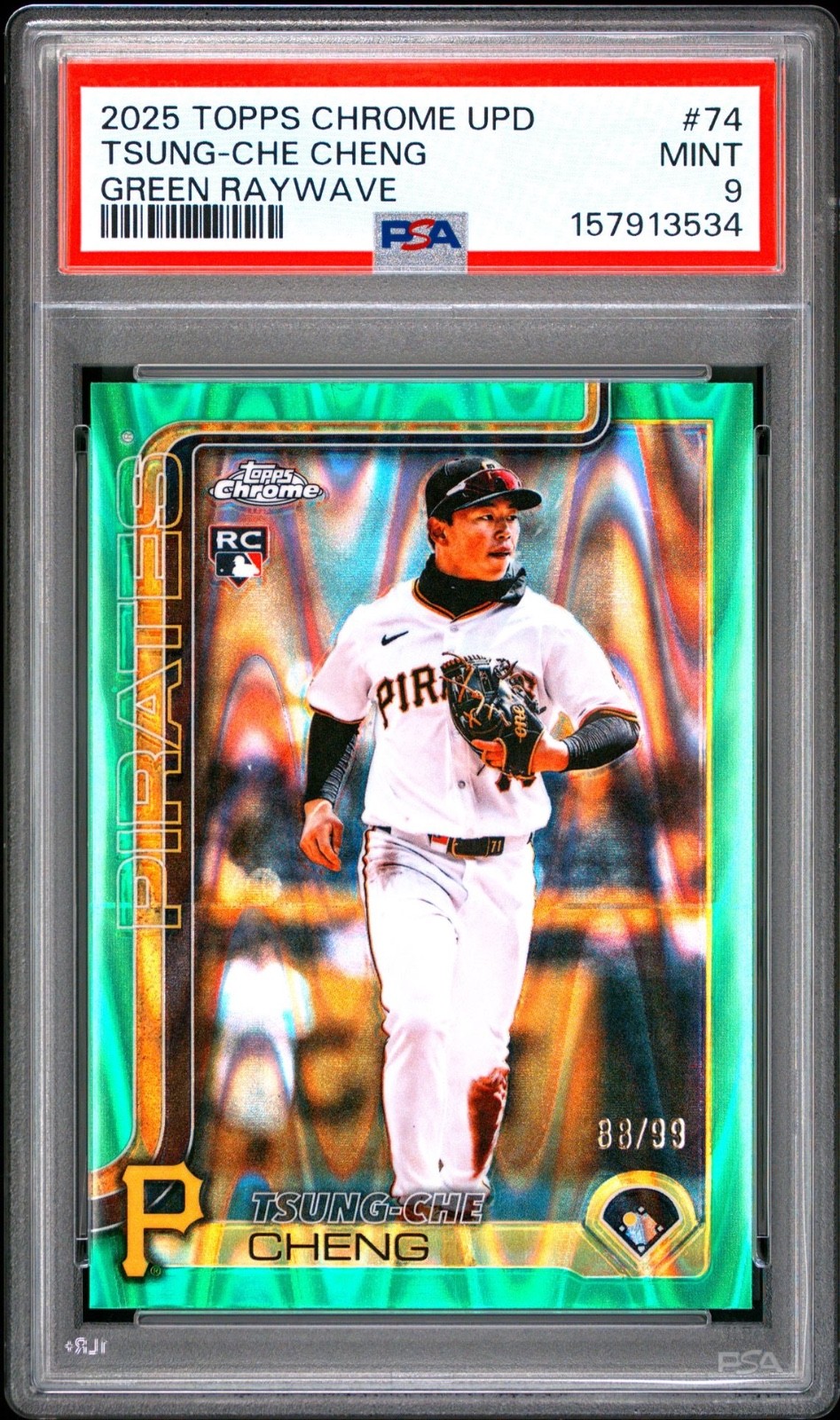 2025 Topps Chrome Update Tsung-Che Cheng Green Raywave /99 Rookie #74 PSA 9