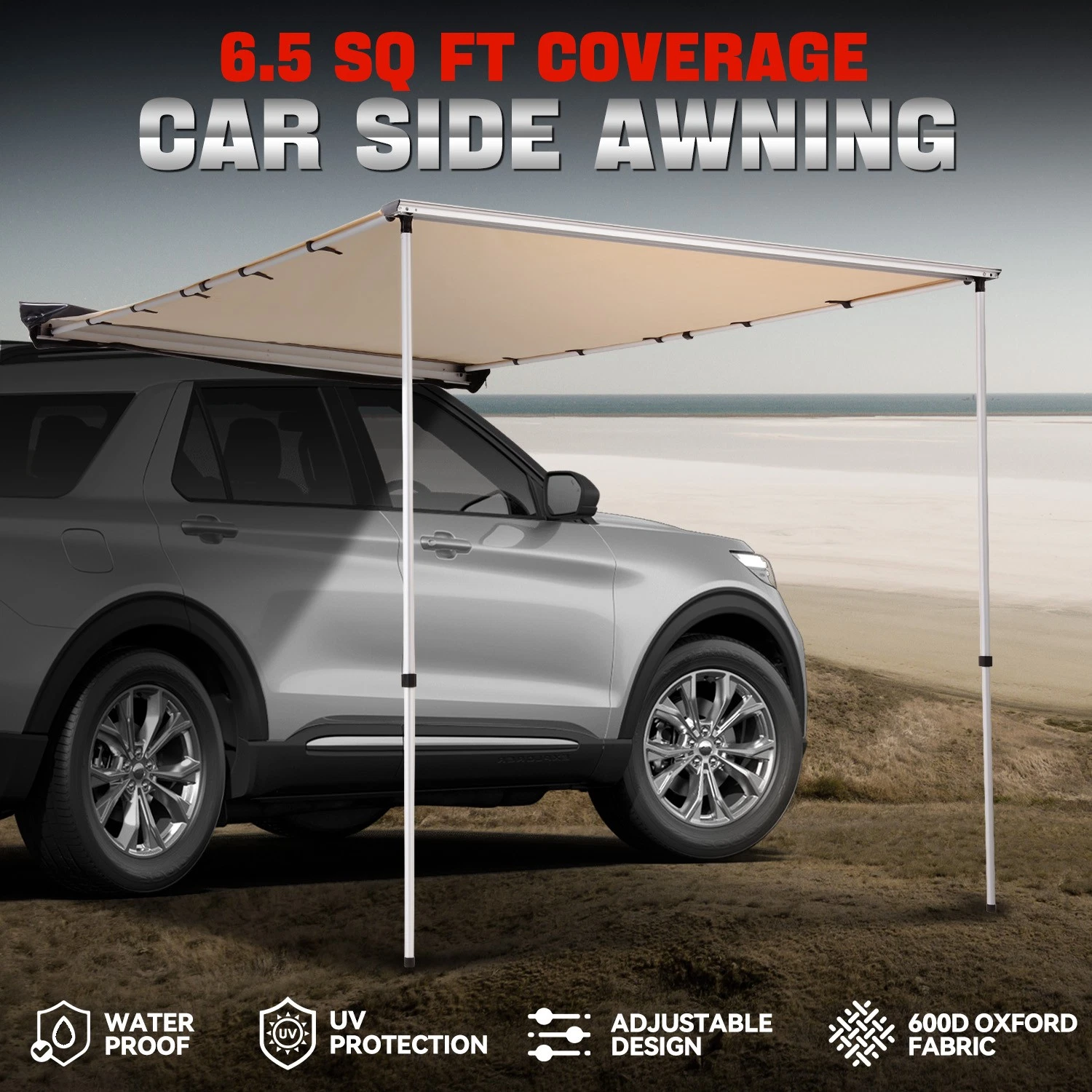 6.5'L x 9.8'W Rooftop Car Side Pull Out Sun Shade Awning Outdoor Camping Travel
