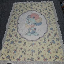 Vintage 80's Precious Moments Ballon Quilted Ruffled Nursery Coverlet 45" x 33"