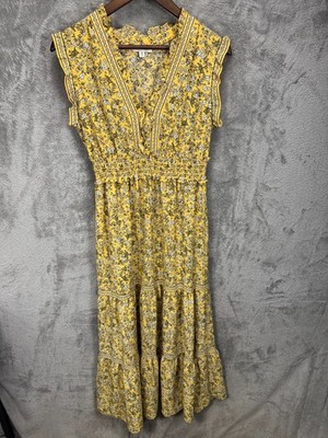 Max Studio Yellow Floral Smocked Midi Dress M Cottage Romantic Garden Prairie