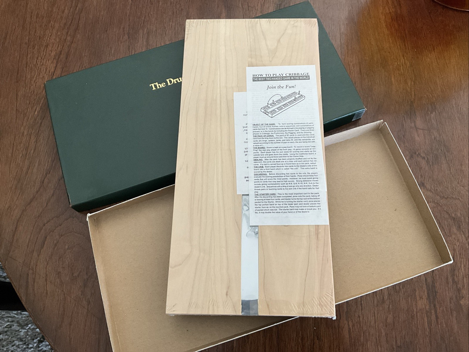 NEW SEALED Drueke Wood Cribbagemaster 3 Track Cribbage Board with Pegs and Box