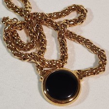 Vintage Napier Gold Tone Wheat Chain Black Cabochon Necklace 24" Signed