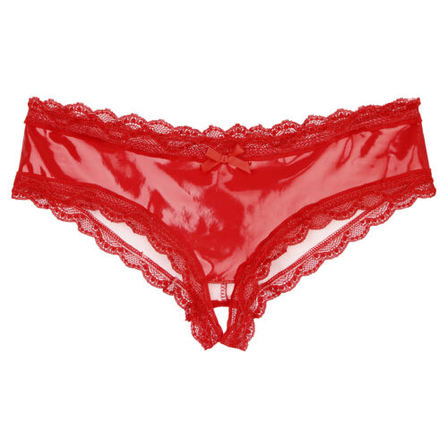 Men's Leather Hollow Out Sissy Lace Trim Briefs Sexy Low Waist Panties Underwear - Picture 16 of 32