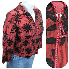 Jerry T Floral Satin Lightweight Jacket Women L Burgundy Textured Full Zip