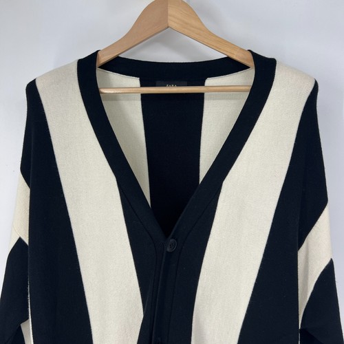ZARA Striped V-Neck Button Up LS Knit Cardigan Sweater Mens L Black White Stripe - Picture 6 of 12