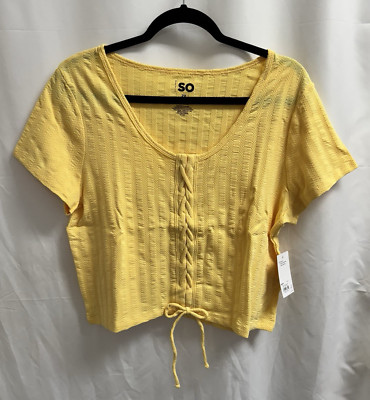 SO Cropped Front Lace-Up Top Short Sleeve Juniors Plus Size 2X Yellow