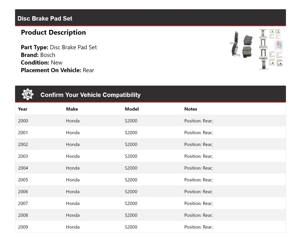 Синие керамические тормозные колодки с задним оборудованием для Honda S2000 Bosch 2000-2009 годов выпуска 2001 - Изображение 2 из 4