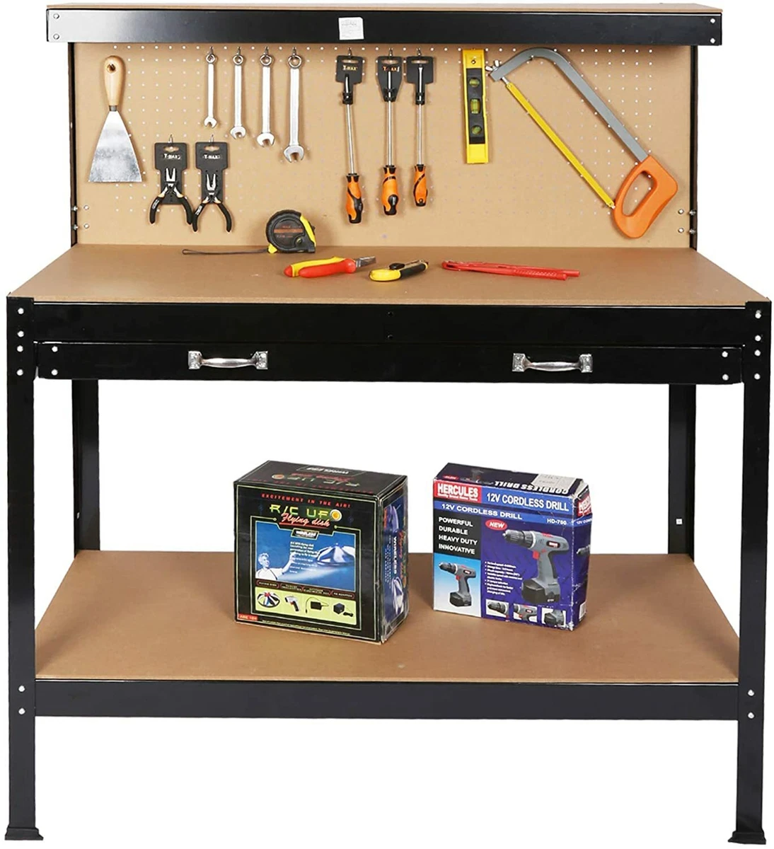 Steel Workbench Multi Function Work Table with Drawer and Peg Board 64