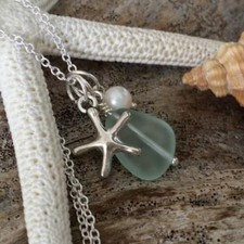 Hawaiian Jewelry Sea Glass Necklace, Seafoam Necklace, Pearl Starfish Necklace,