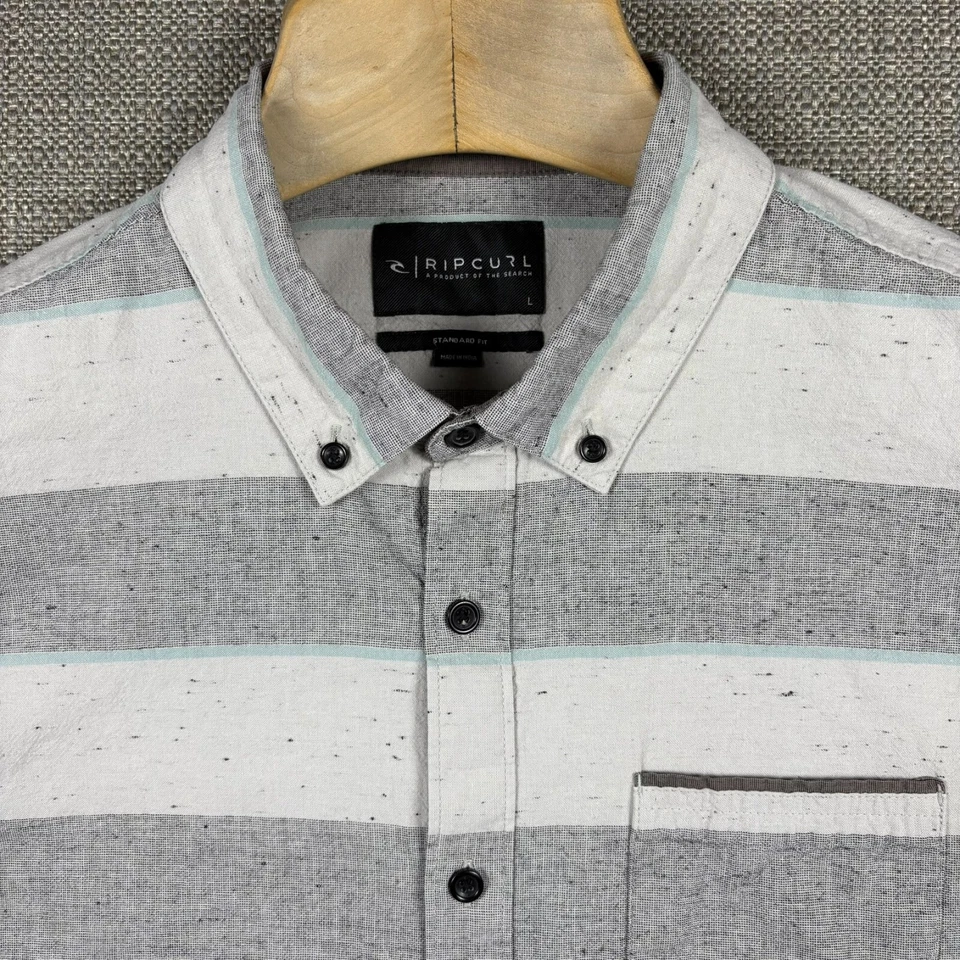 Rip Curl Men's Shirt L Short Sleeve White Gray Blue Striped Standard Fit Pocket - Image 3 of 4