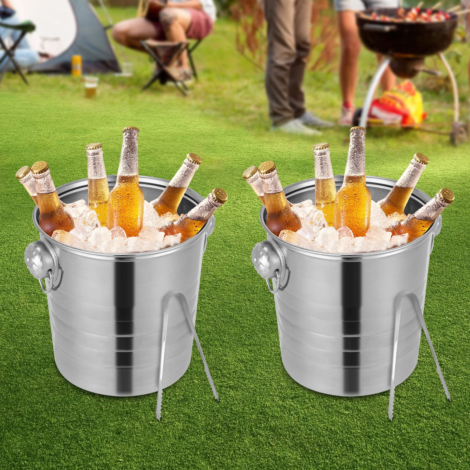 5L Stainless Steel Ice Bucket Beverage Cooler Bucket Wine Chiller Bucket 2 PCS