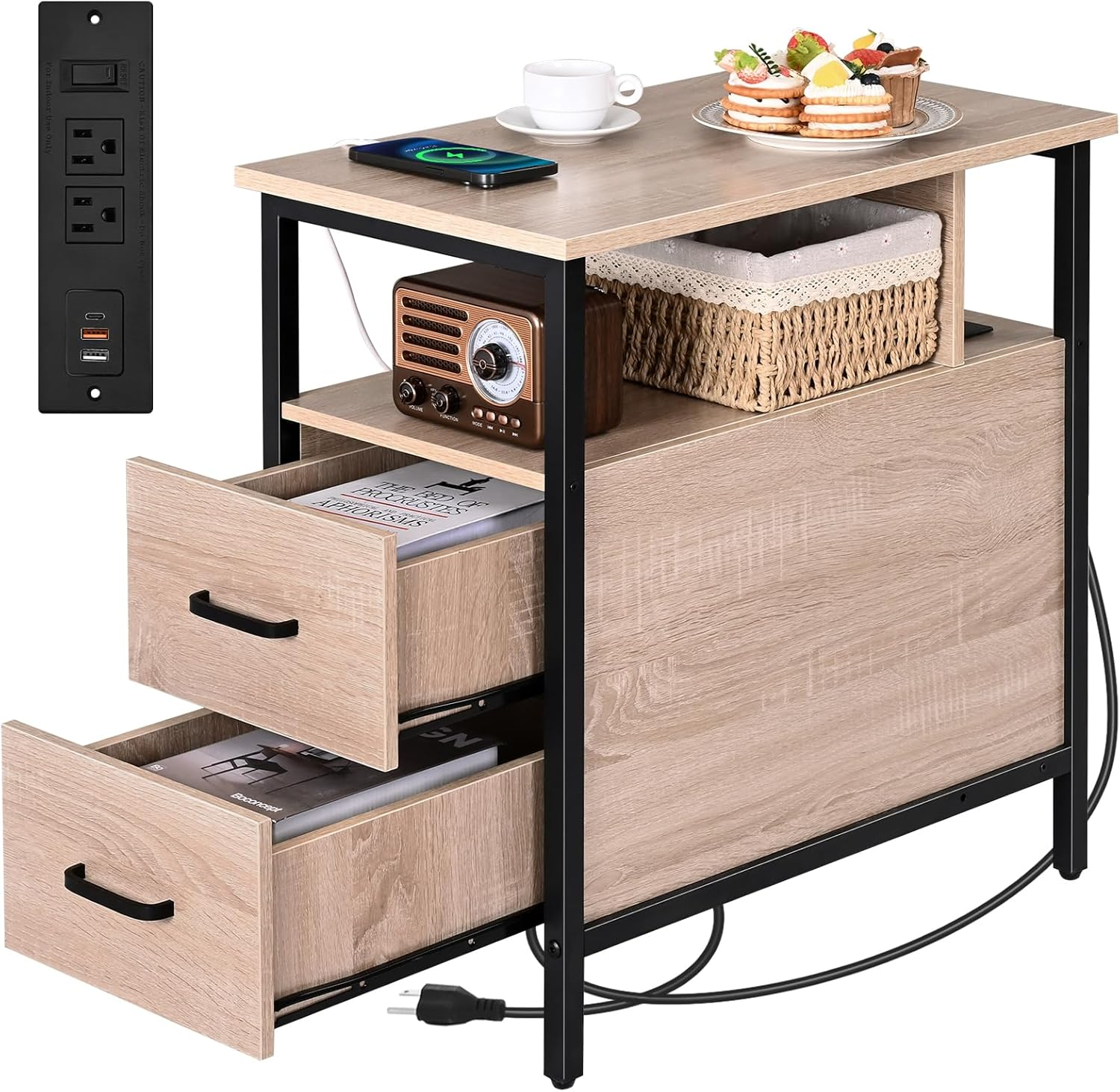 Narrow Side Table with Charging Station, USB Ports & Drawers, Greige