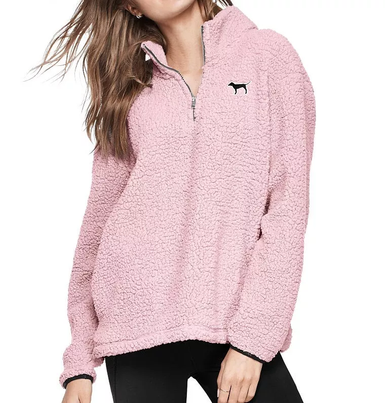 VICTORIA'S SECRET PINK Sherpa Boyfriend Quarter Zip Tunic Pullover Baby  Pink L