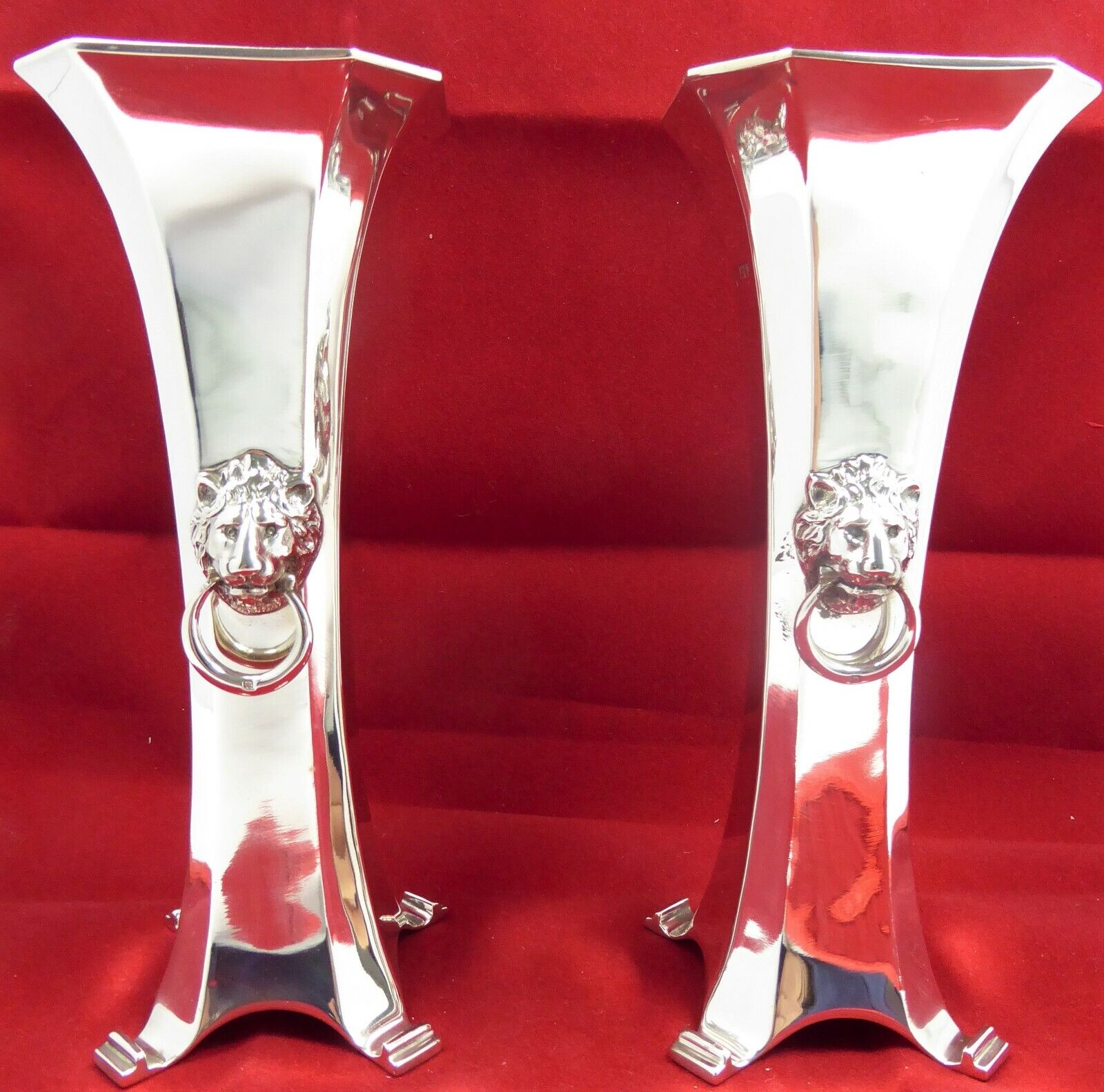 SOLID SILVER PAIR OF LION HEAD VASES 1919