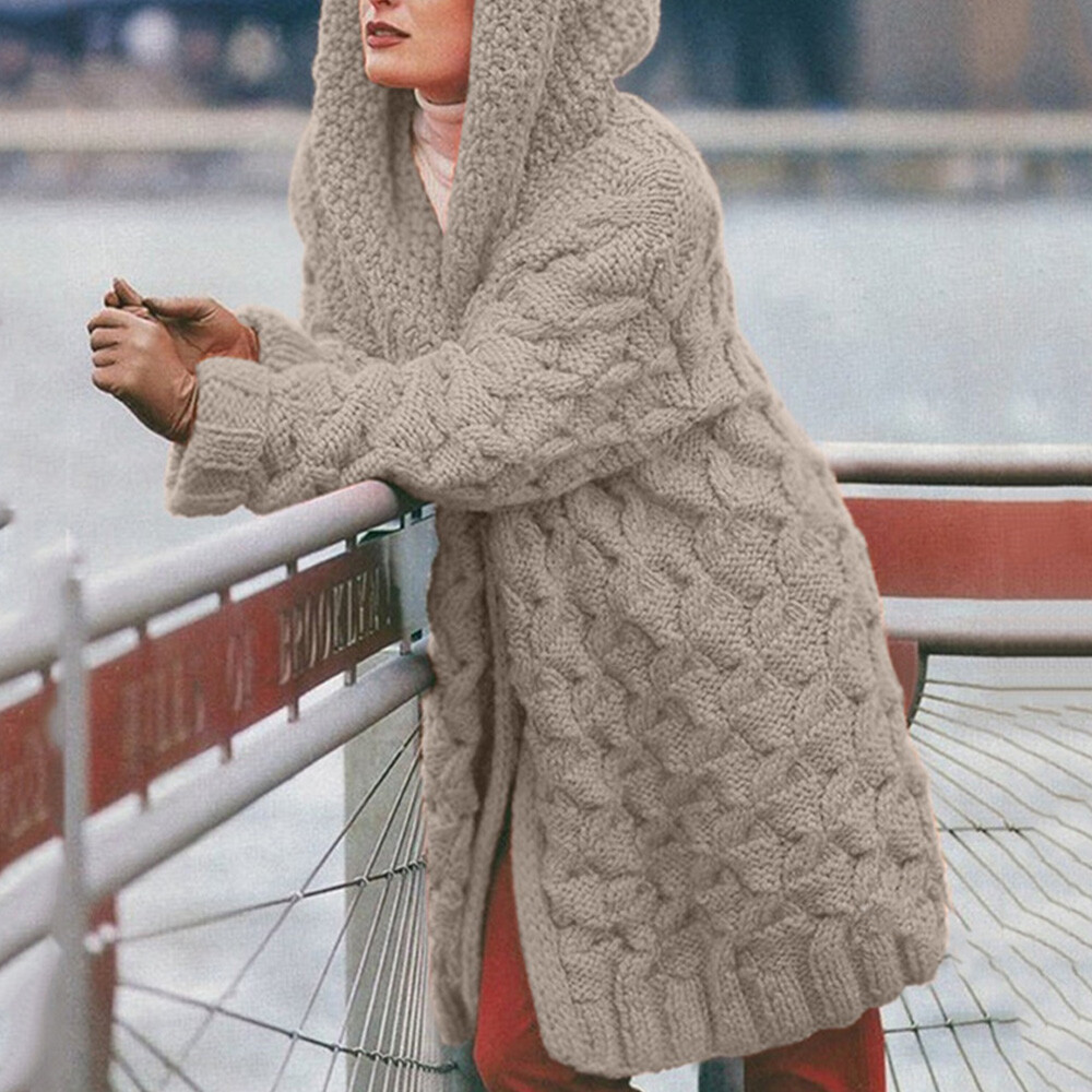 Womens Casual Open Front Hooded Cardigan Coats Chunky Cable Knit Sweater Tops