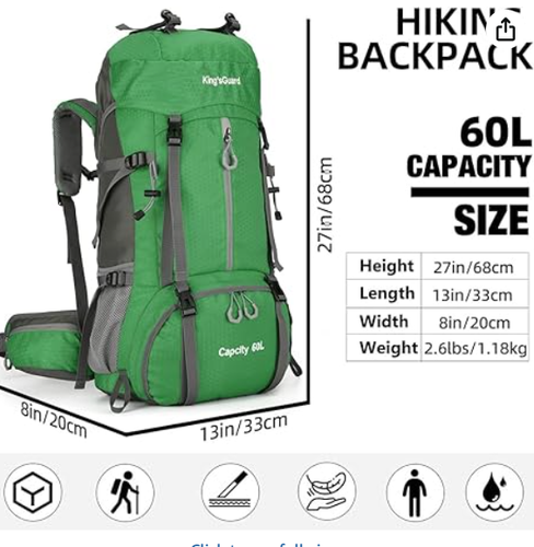 King'sGuard 60L Hiking Backpack, Waterproof Camping Backpacking Backpack for Men - Picture 3 of 6