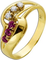 Rubinring Gold 585 14K Rote Edelsteine 0.27Ct Brillanten 0.09Ct Antikschmuck