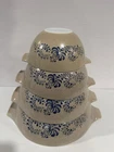 Vintage PYREX HOMESTEAD Nesting Mixing Bowls Set of 4 Tan Blue 401 402 403 404