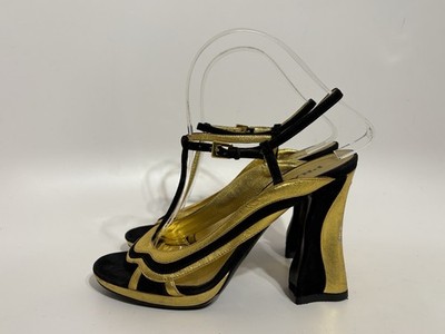 Vtg Prada SS2008 Gold Leather Sandal Heels 37
