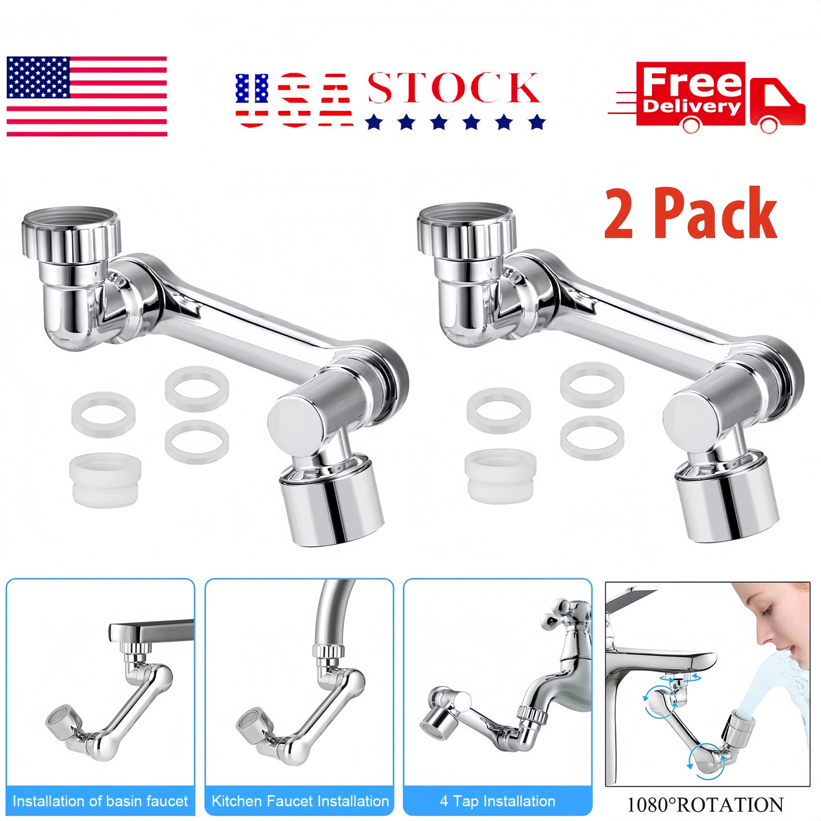 2PCS Extension Rotate Robotic Faucet Extender Arm Tap Universal 1080 Swivel US