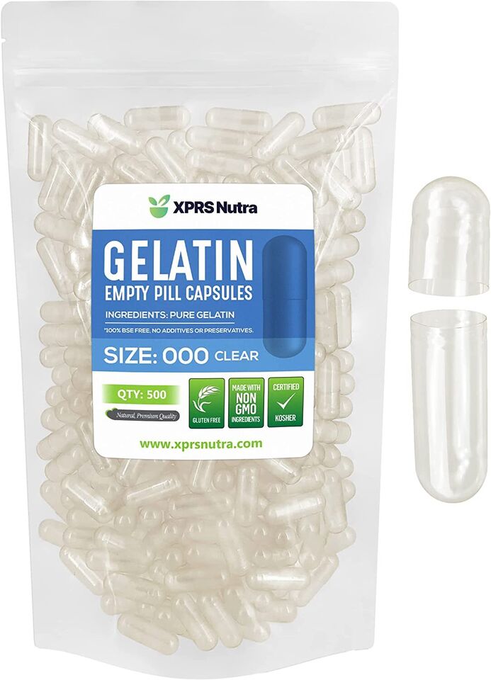 Size 000 Clear Empty Gelatin Pill Capsules Kosher Gel Gluten-Free Made in USA 