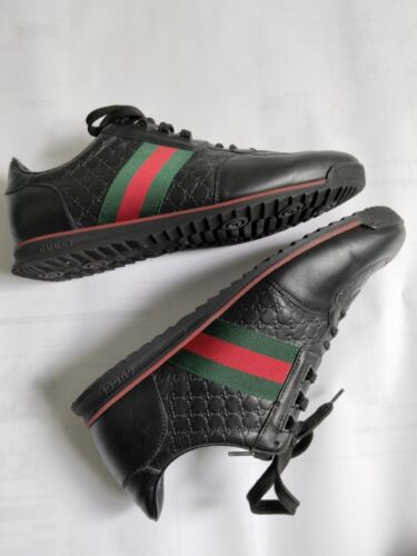 Gucci Micro Guccissima 233334 Men's Black Leather Web Sneakers Size - US 9.5